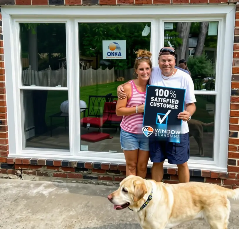 A Bucks County couple holding a 100% Satisfied Customer sign in front of their new triple window, with their dog out front